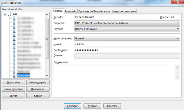 FileZilla - Gestor de Sitios