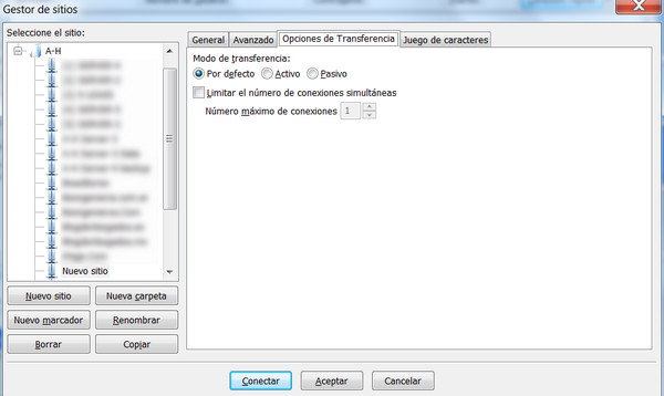 FileZilla - Opciones de Transferencia